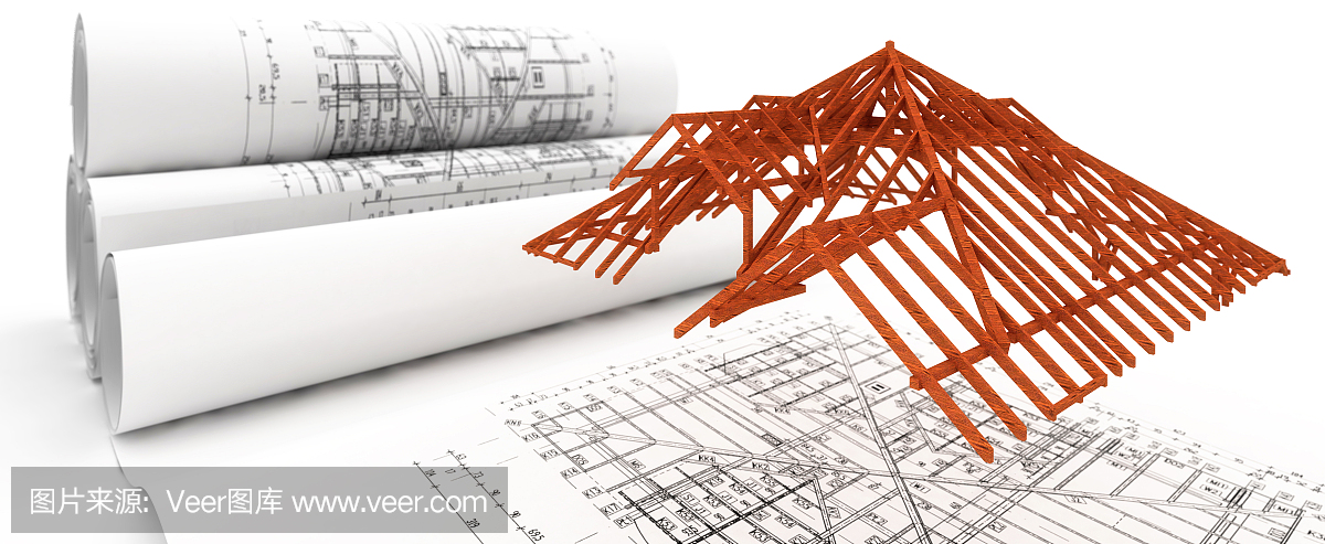 建筑用屋架。规划中的建筑。三维插图